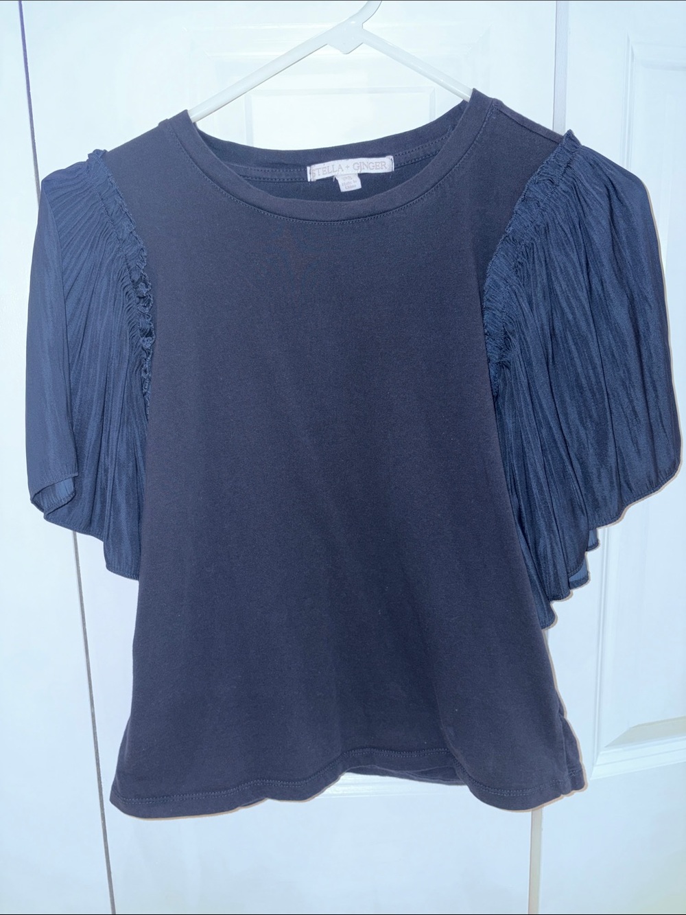 Black Short Sleeve Top with Pleated Flutter Sleeves